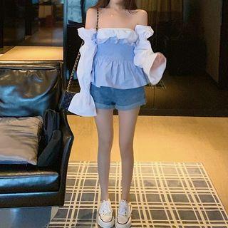Off-shoulder Sequined Smocked Top (removable Sleeve) White & Blue - One Size