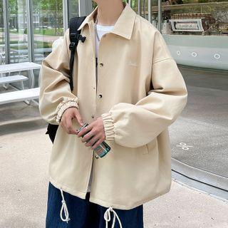 Plain Drawstring Hem Button-up Jacket