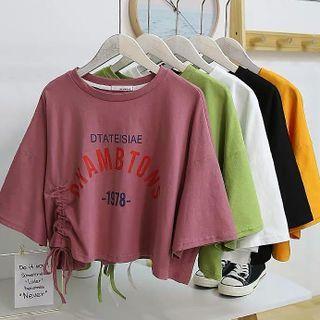 Elbow-sleeve Lettering Drawstring Cropped T-shirt
