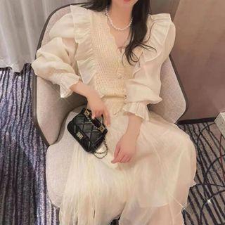 Puff-sleeve Ruffle Midi A-line Dress / Button-up Sweater Vest