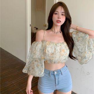 Puff-sleeve Cropped Mesh Blouse Floral - White - One Size
