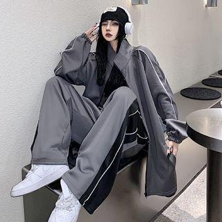 Contrast Trim Zip-up Jacket / Wide-leg Pants