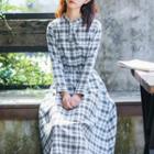 Long-sleeve Plaid Tie-neck Midi A-line Dress