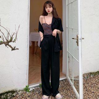 Wide-leg Pants / Floral Print Camisole Top / Elbow-sleeve Blazer