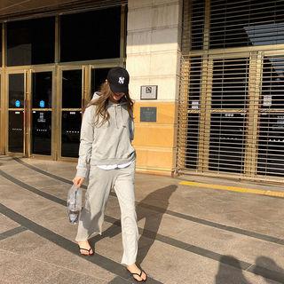 Set: Patched Kangaroo-pocket Hoodie + Wide-leg Pants