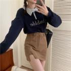 Polo-neck Lettering Sweatshirt / Mini Pencil Skort / Plaid Mini A-line Skirt