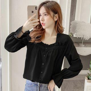 Long-sleeve Square-neck Frill Trim Blouse