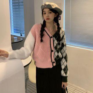 Color Block Argyle Cardigan Pink & Black & White - One Size
