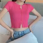Short-sleeve Plain Button Knit Cropped Top