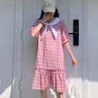 Tie-neck Plaid Elbow-sleeve Ruffle Hem A-line Dress