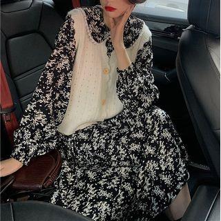 Floral Long-sleeve A-line Dress / Knit Vest