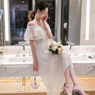 Off-shoulder Crochet Panel Midi A-line Dress