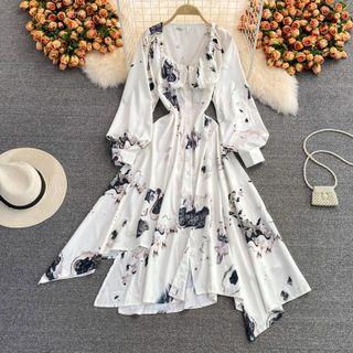Long-sleeve Ink Print Maxi A-line Dress