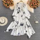 Long-sleeve Ink Print Maxi A-line Dress