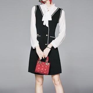 Long-sleeve Paneled Mini A-line Knit Dress As Shown In Figure - One Size