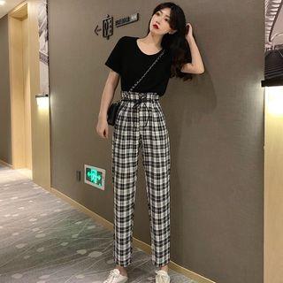 Plain Short-sleeve T-shirt / Plaid Cropped Straight-fit Pants