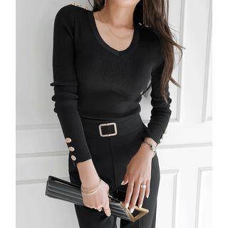 V-neck Button-trim Slim-fit Knit Top