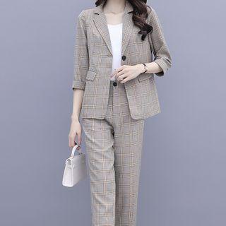 Set: Plaid One-button Blazer + Straight Leg Pants