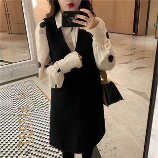 Color-block Polka Dot Long-sleeve Blouse / Plain V-neck Acrylic Sleeveless Dress