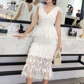 V-neck Sleeveless Mesh Sheath Dress