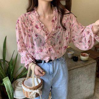 Long-sleeve Ruffle Trim Floral Blouse As Shown In Figure - One Size