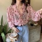 Long-sleeve Ruffle Trim Floral Blouse As Shown In Figure - One Size