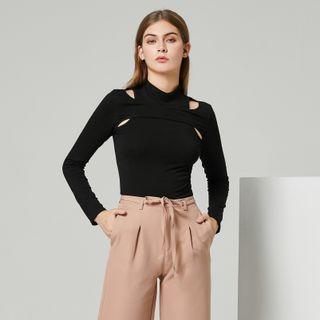 Eco-friendly Long-sleeve Turtleneck Cutout Knit Top
