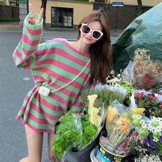 Long-sleeve Wide Striped Knit Top