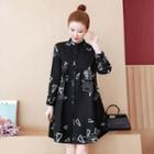 Long-sleeve Lettering Print Stand Collar Shift Shirtdress