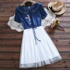 Peter Pan-collar Short-sleeve Printed A-line Mesh Dress