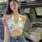 Long-sleeve V-neck Lace Cropped Halter Top White - One Size
