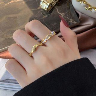 Set Of 2: Wavy / Rhinestone Open Ring 1 Pair - Rhinestone - Gold - One Size