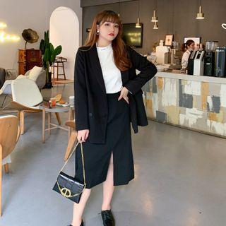 Set : Plain Double-breasted Blazer + A-line Skirt
