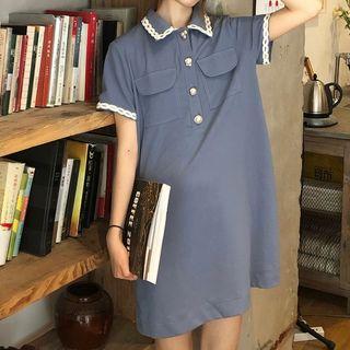 Faux Pearl Contrast Trim Plain Dress