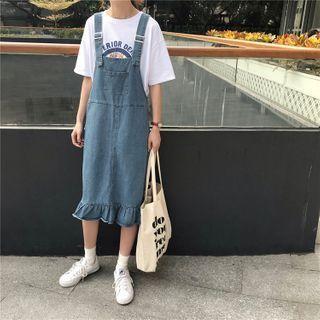 Ruffled Midi A-line Denim Pinafore Dress