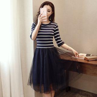 Striped Panel Mesh Midi A-line Dress
