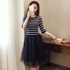 Striped Panel Mesh Midi A-line Dress
