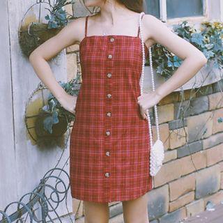 Spaghetti Strap Plaid Buttoned Dress