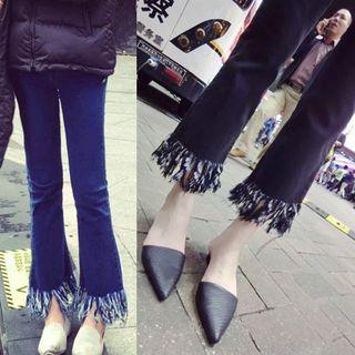 Fringe Hem Cropped Boot-cut Jeans