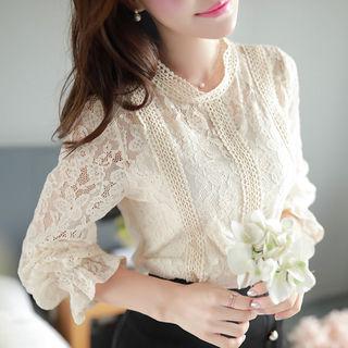 Mock-neck Crochet-trim Lace Top