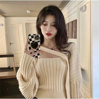 Set: Ribbed Knit Cropped Cardigan + Camisole Top