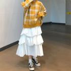 Midi A-line Pleated Tiered Skirt / Plaid Sweater
