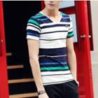 Short-sleeve V-neck Stripe T-shirt