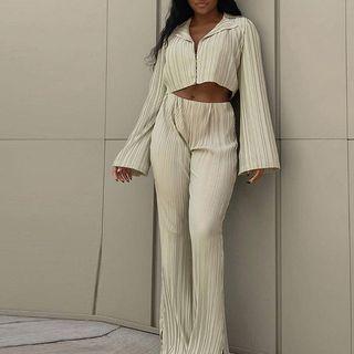 Set: Long-sleeve Collar Crop Top + Flared Pants
