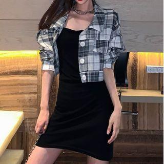 Set: Check Cropped Jacket + Sleeveless Plain Dress