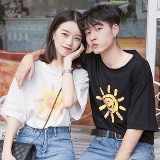 Couple Matching Elbow-sleeve Sun Print T-shirt