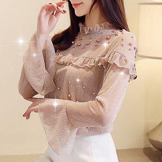Faux Pearl Bell-sleeve Chiffon Blouse