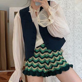 Long-sleeve Blouse With Camisole / Vest / Color Block Shorts