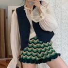 Long-sleeve Blouse With Camisole / Vest / Color Block Shorts