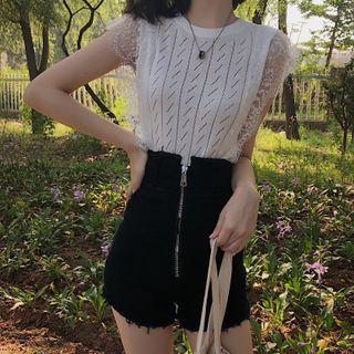 Cap-sleeve Lace Trim Knit Top